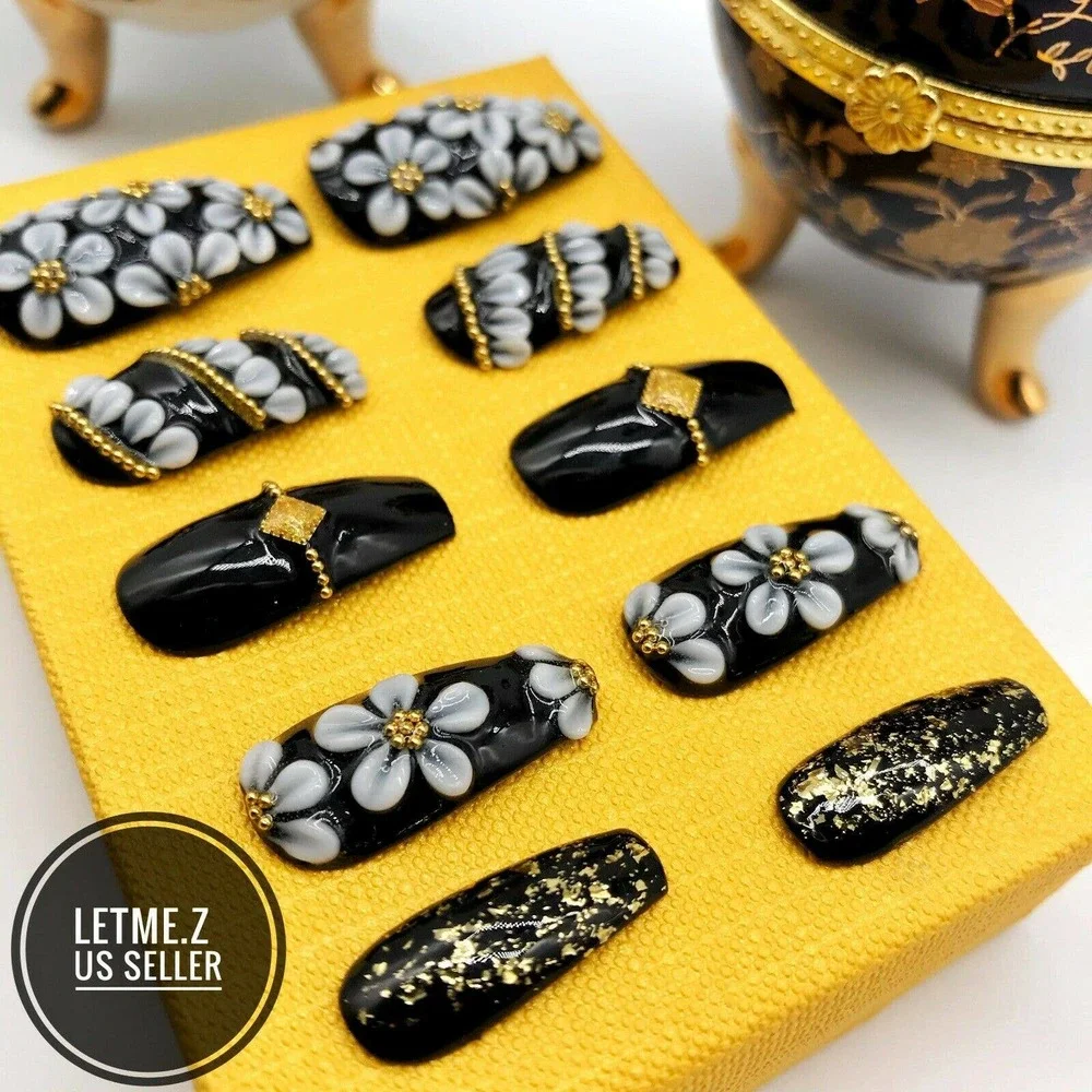 Press on‎ Nails Glue On Long Coffin 3D Black Gold